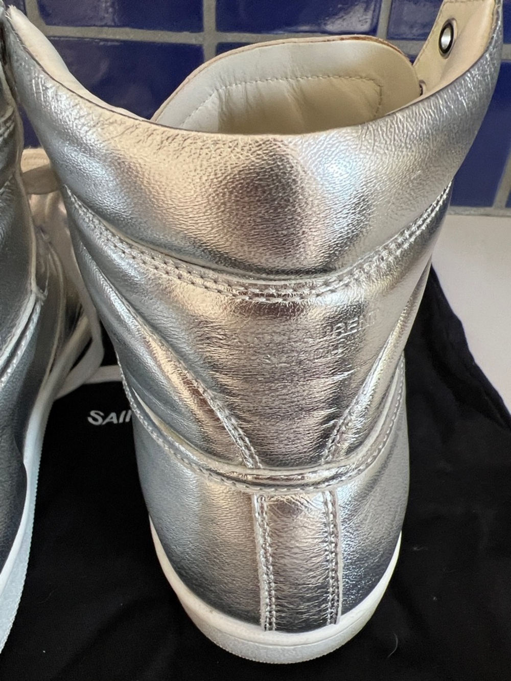 Saint Laurent Silver Metallic High-Top Sneakers with White Trim - Picture 9 of 9